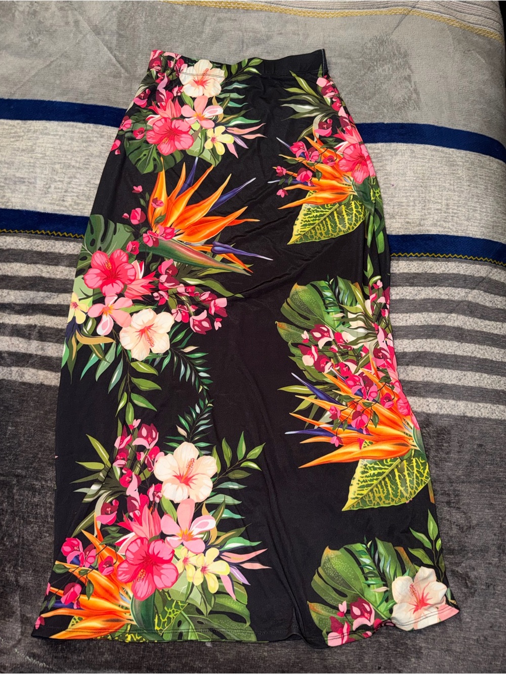 Tropical Floral Maxi Skirt - Black with Bright Floral Print